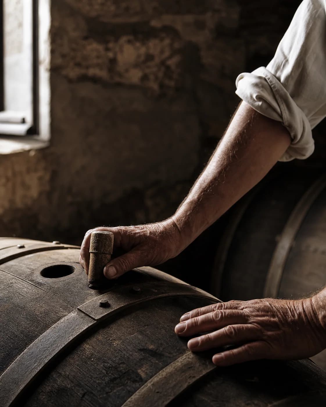 Mani di un vignaiolo in una cantina italiana