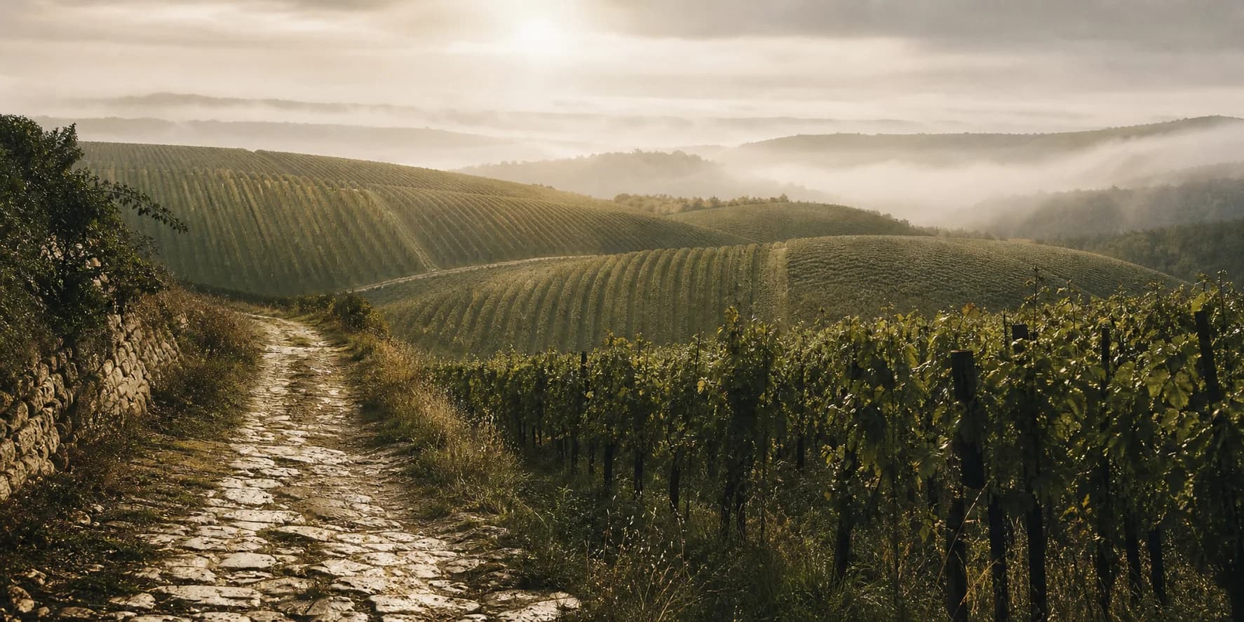 Vigneto italiano osservato da un sentiero in pietra